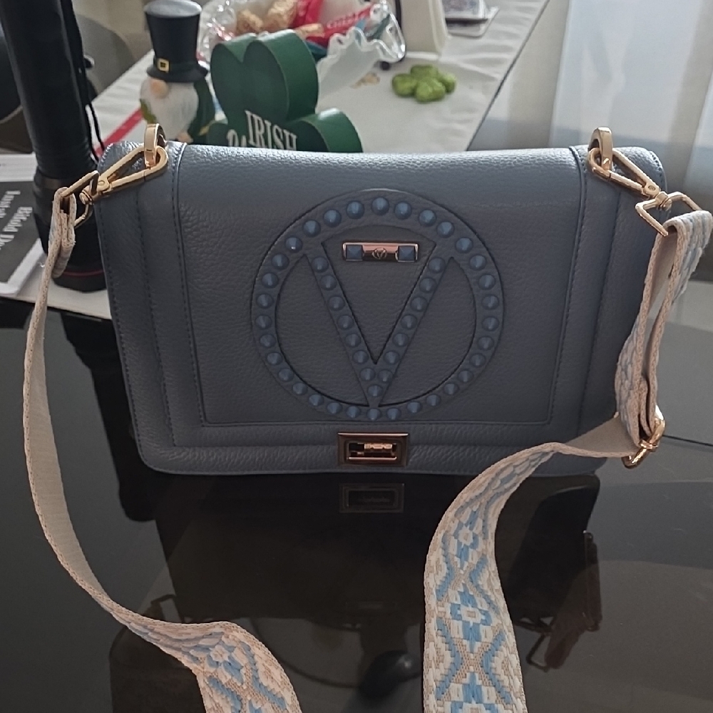 Valentino Stylish Baby Blue Crossbody Bag with Patterned Strap